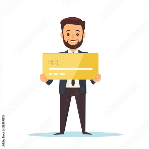 Obraz na płótnie Flat minimal illustration of a cheerful businessman holding a yellow credit card, representing online payments, finance tools, and business confidence. w salonie