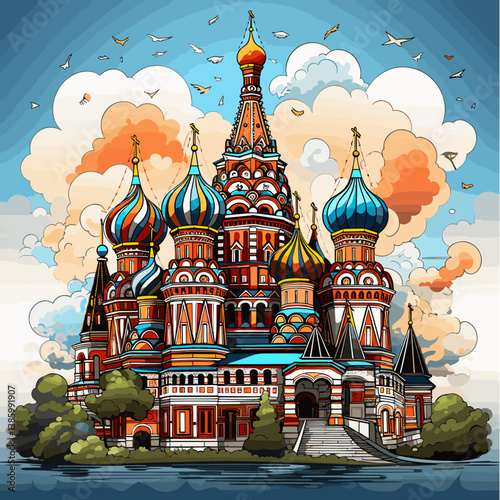 Saint Basil's Cathedral hand-drawn comic illustration. Cathedral of Vasily the Blessed. Vector doodle style cartoon illustration