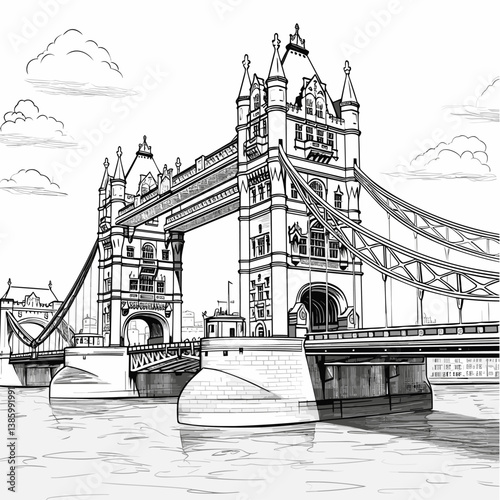 Tower Bridge hand-drawn comic illustration. Tower Bridge. Vector doodle style cartoon illustration