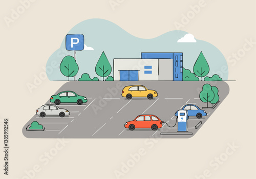 Modern parking lot scene with electric vehicle charging stations. Clean, flat design showcases cars and a building, ideal for commercial use.