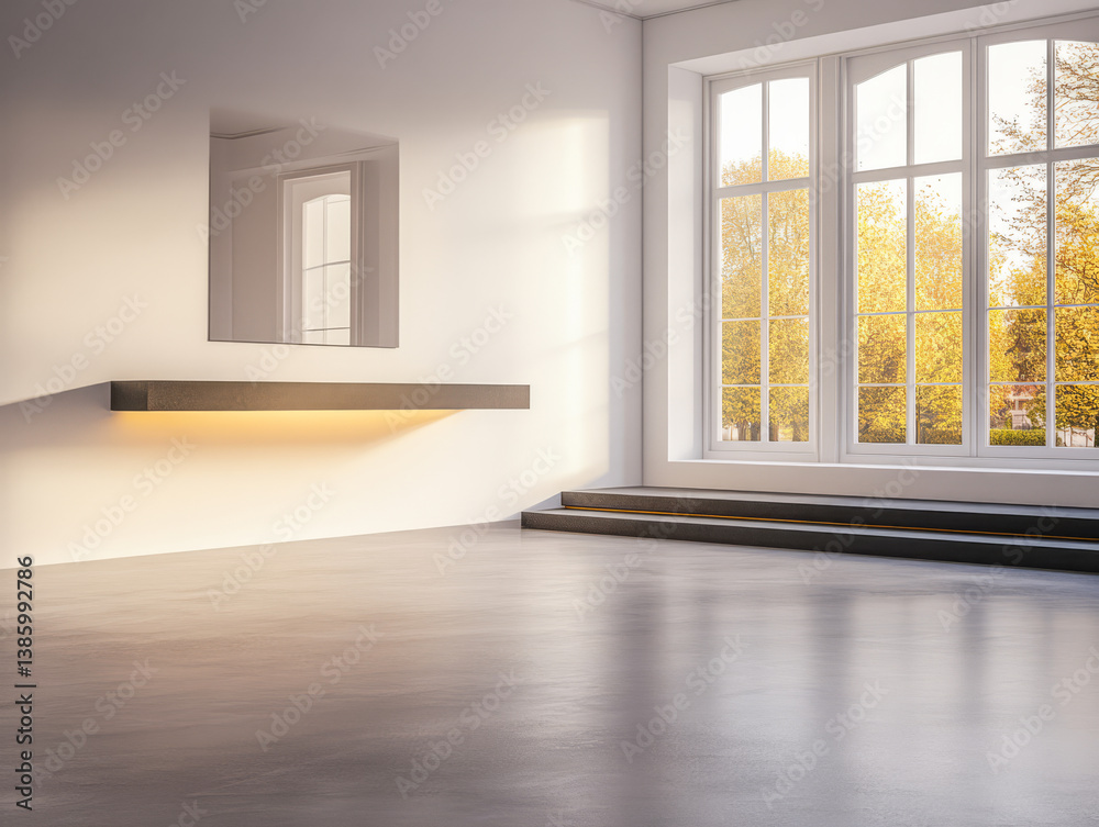 Fototapeta premium Modern minimalist interior showcasing large windows and natural lighting in a serene space