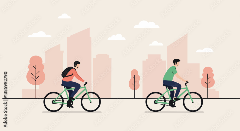 Fototapeta premium Two cyclists ride along a city path. Green bikes against a soft, pastel cityscape. Clean, modern illustration, perfect for lifestyle and transportation concepts.