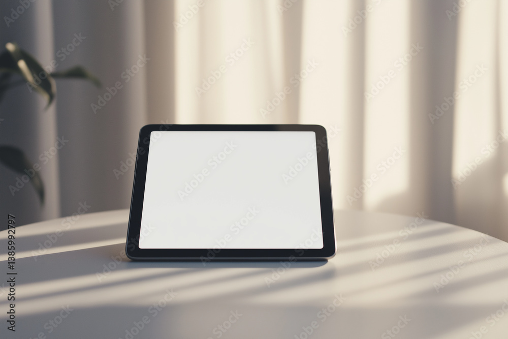 Front-facing blank digital tablet standing on a white desk with natural lighting, perfect for tech mockups, branding, or app design concepts.