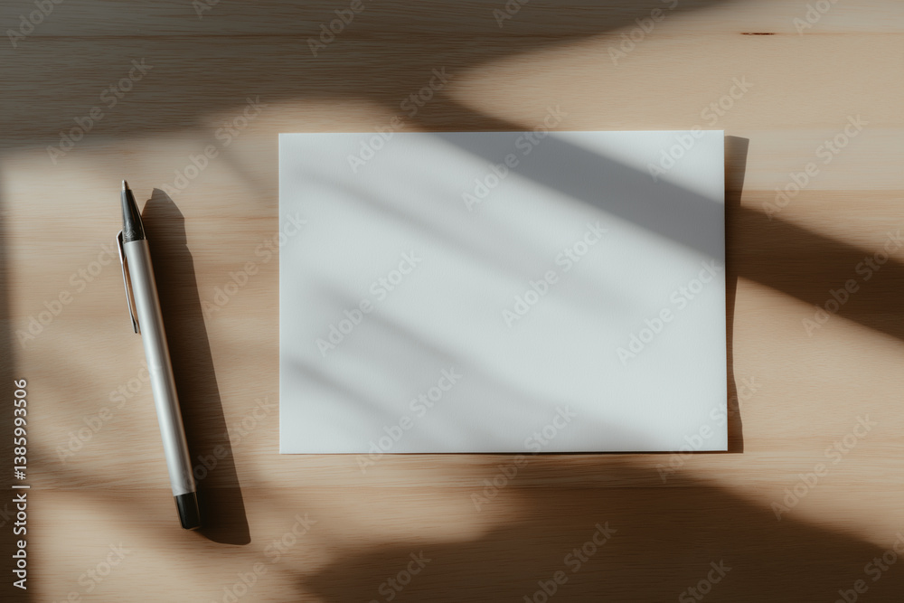 Blank white envelope and pen placed on a clean wooden surface with soft shadows — perfect for communication, branding, and identity mockups.