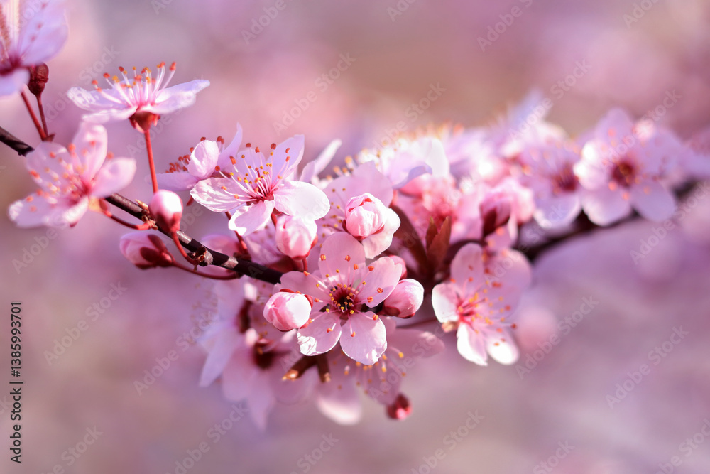 Fototapeta premium Spring cherry blossoms in full bloom on a sunny day. Delicate pink petals and floral buds on a natural background.