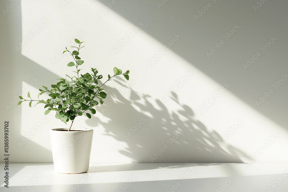 Fototapeta premium Simple white desk with a potted plant and blank calendar in bright sunlight and soft shadows — ideal for minimalist themes or productivity visuals.