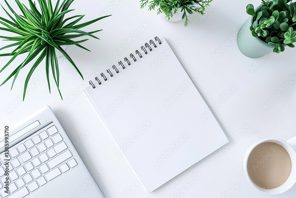 Blank spiral notepad on a clean workspace with a keyboard, plants, and coffee — perfect for productivity, office visuals, or creative planning mockups.