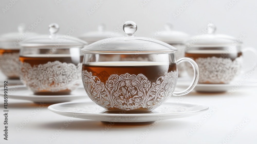 A set of elegant glass tea cups with intricate designs, placed on a white background
