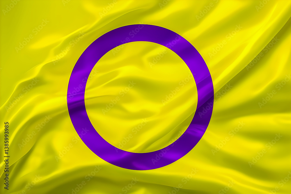 Intersex flag waving. Yellow background with a purple circle in the center, symbolizing intersex identity and human rights