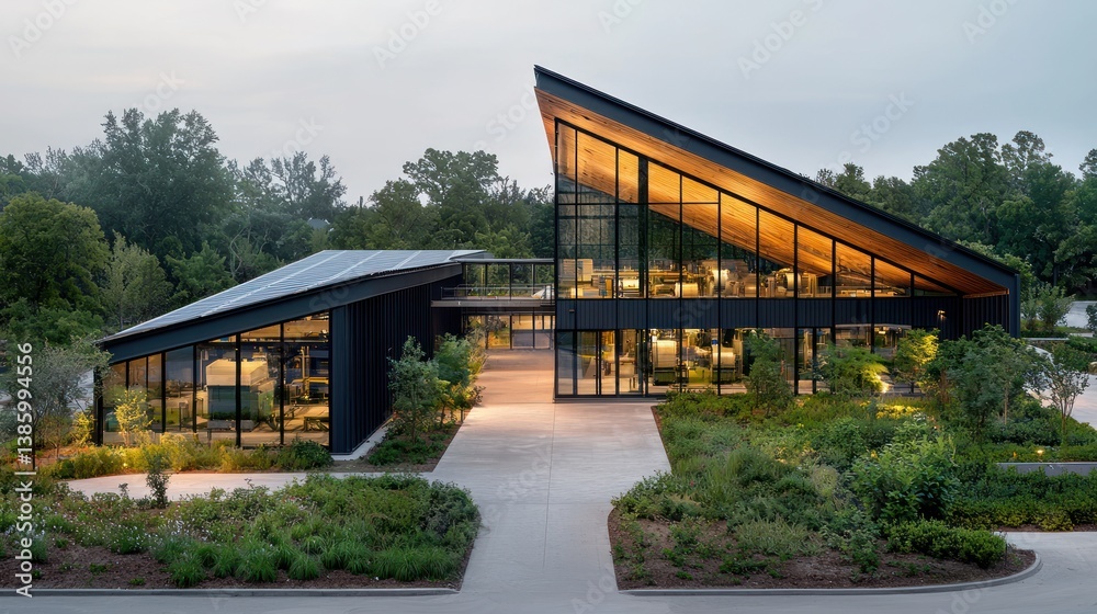 Modern building nestled in a green landscape Modern building nestled in a green landscape
