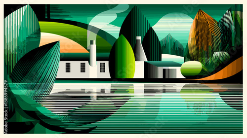 Abstract illustration of Scottish distillery landscape with vibrant colors