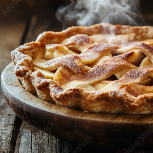 A warm apple pie with a golden crust and cinnamon topping. Featuring a comforting dessert