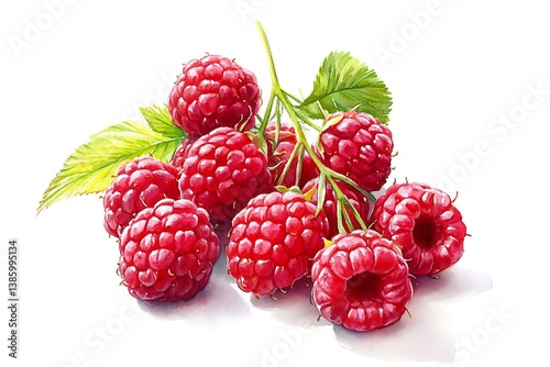 Watercolor Raspberries – Realistic Botanical Illustration with Green Stems & Juicy Detail
