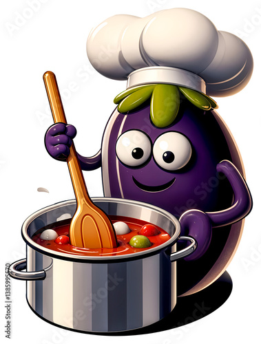 Cute Sticker, transparent Background cartoon illustration of a brinjal as a chef