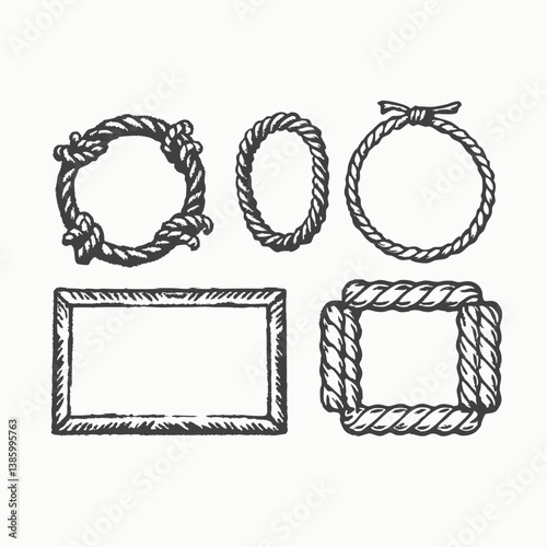 Nautical ropes vector frames set. Set of repeating rope pattern. Seamless hemp cord line collection. Chain, braid, plait stripes bundle Vector illustration