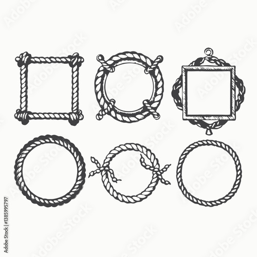 Nautical ropes vector frames set. Set of repeating rope pattern. Seamless hemp cord line collection. Chain, braid, plait stripes bundle Vector illustration