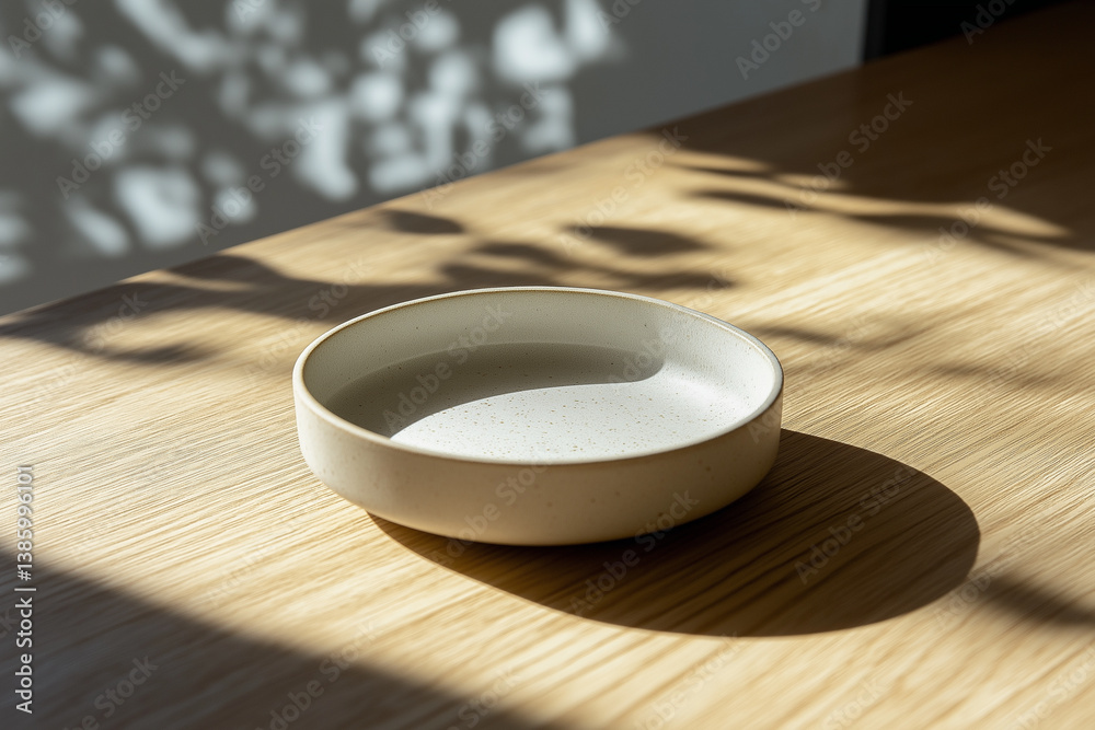 Round white ceramic plate on warm wooden table with dappled natural light — perfect for lifestyle branding, food styling, or product display.