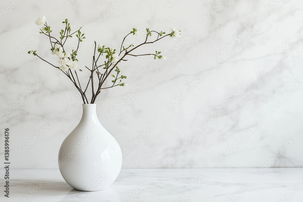 Minimal white vase with blooming branch set on a marble surface — great for home interior styling, floral decor, or clean product photography.