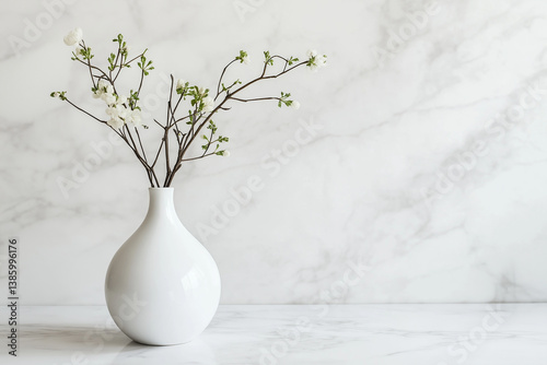 Obraz na płótnie Minimal white vase with blooming branch set on a marble surface — great for home interior styling, floral decor, or clean product photography. w salonie