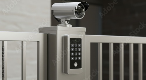 A security camera and keypad are mounted on a gate post, suggesting surveillance and access control