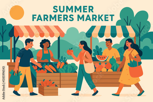 Vibrant summer farmers market scene with fresh produce and community interaction