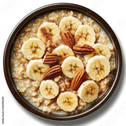 A warm bowl of oatmeal topped with sliced bananas, cinnamon, and nuts. Featuring comfort and nourishment