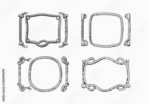 Nautical ropes vector frames set. Set of repeating rope pattern. Seamless hemp cord line collection. Chain, braid, plait stripes bundle Vector illustration