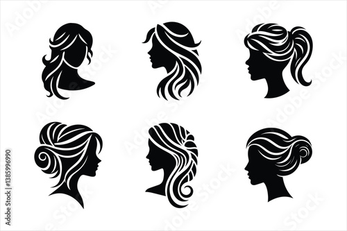 Abstract Silhouette Set of Female Hairstyles