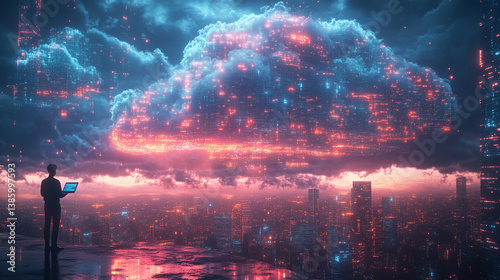 Illustration of a futuristic city under a massive glowing digital cloud, symbolizing data storage, cloud computing, and digital transformation in a stormy, high-tech world.