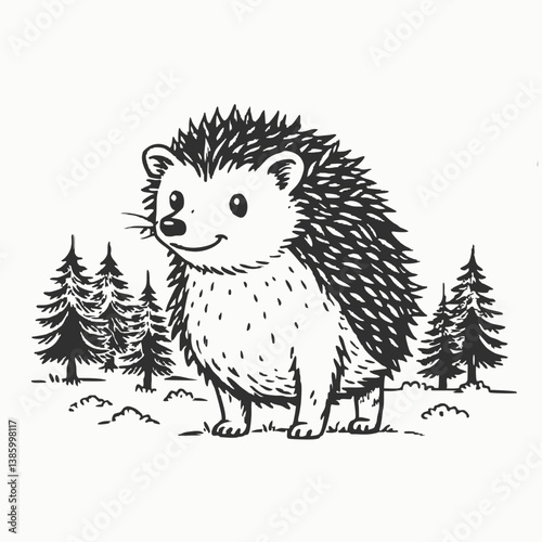 Cute Hedgehog animal. Prickly hedgehog icon. Wild mammal forest animal character. Hand drawn outline vector sketch illustration on white background