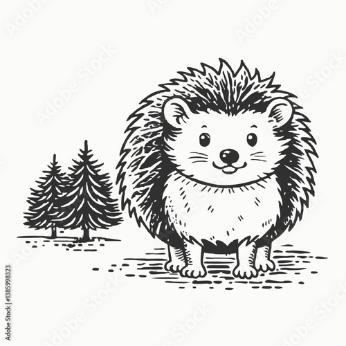 Cute Hedgehog animal. Prickly hedgehog icon. Wild mammal forest animal character. Hand drawn outline vector sketch illustration on white background