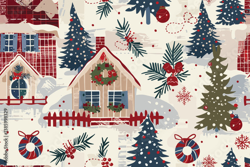 Rustic country christmas cottage with primitive hand sewing fabric effect. border. Cozy nostalgic shabby chic homespun ribbon trim with americana winter handmade crafts style edging.