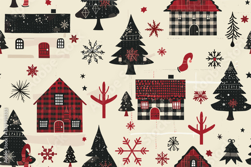 Rustic country christmas cottage with primitive hand sewing fabric effect. border. Cozy nostalgic shabby chic homespun ribbon trim with americana winter handmade crafts style edging.