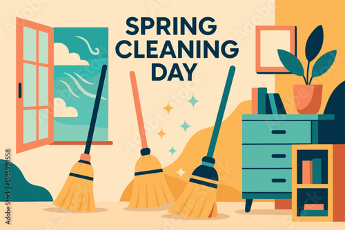 Spring cleaning day concept art with brooms and open window for seasonal design