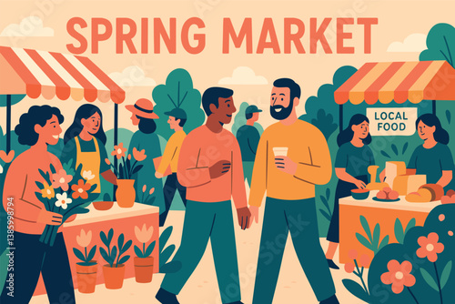Vibrant spring market scene with local food and flowers display