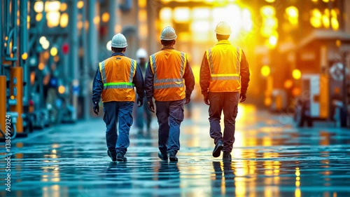 Three industrial workers with reflective orange safety vests and white hardhats walking through wet construction site at sunset. Backview silhouette of engineering team on evening shift inspection