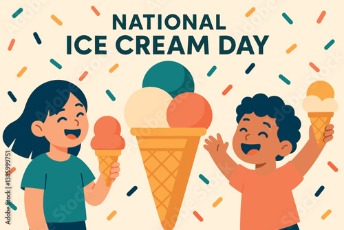 Joyful kids celebrating national ice cream day with colorful cones and sprinkles