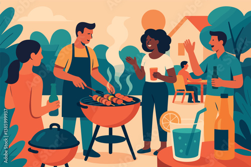 Lively summer bbq gathering with friends enjoying grilled food and drinks outdoors