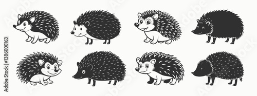 Set Of Cartoon cheerful standing hedgehog. African pygmy hedgehog isolated on white background