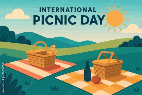 International picnic day celebration in scenic landscape with baskets and sun