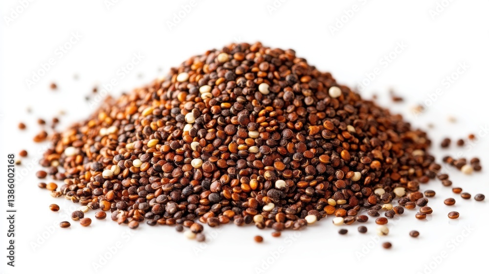 A pile of quinoa seeds in their raw form with a few grains scattered around, on a white background A pile of quinoa seeds in their raw form with a few grains scattered around, on a white background