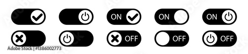 Set of black and white toggle switch icons with ON/OFF states, check marks, crosses, and power symbols. Simple UI elements for apps, websites, and interface design. Vector illustration.