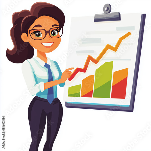 Smiling businesswoman presenting a rising graph, symbolizing success, growth, and positive business performance.
