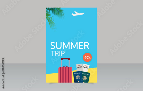 Summer Travel Promotion Poster with Suitcase, Tickets, and Passport. Vacation Sale Banner Design Template. Editable image.