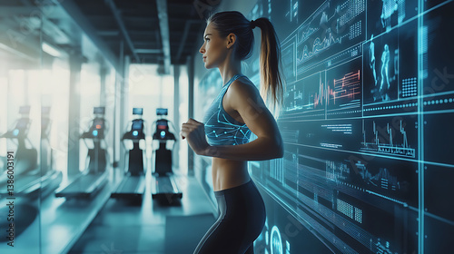 An AI powered system optimizing personalized fitness plans by analyzing real time physical performance data and health goals, futuristic AI-driven fitness coaching platform, Health technology style