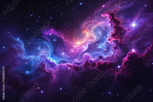Vivid nebula with glowing stars and swirling cosmic clouds in purple, pink, and blue hues on a deep space backdrop, representing a cosmic fantasy. Ai generative