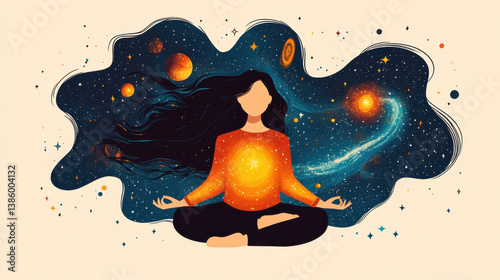 Elegant woman sitting cross-legged in meditation, her flowing dark hair merging into a cosmic tapestry of space with stars, galaxies and celestial bodies