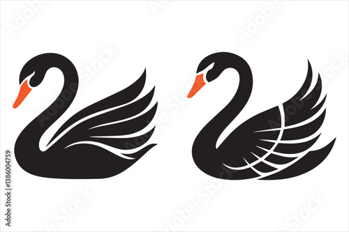 Black and white swan logo set of monochrome vector graphics in various poses