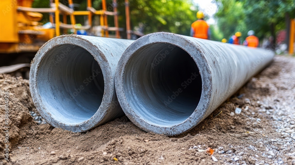 Concrete pipes laid in trench. Construction site Concrete pipes laid in trench. Construction site