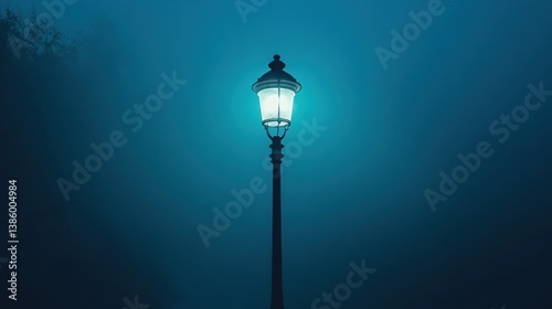 Ethereal Glow of a Solitary Street Lamp Casting a Mysterious Light Through Dense Fog at Night Moody Scene